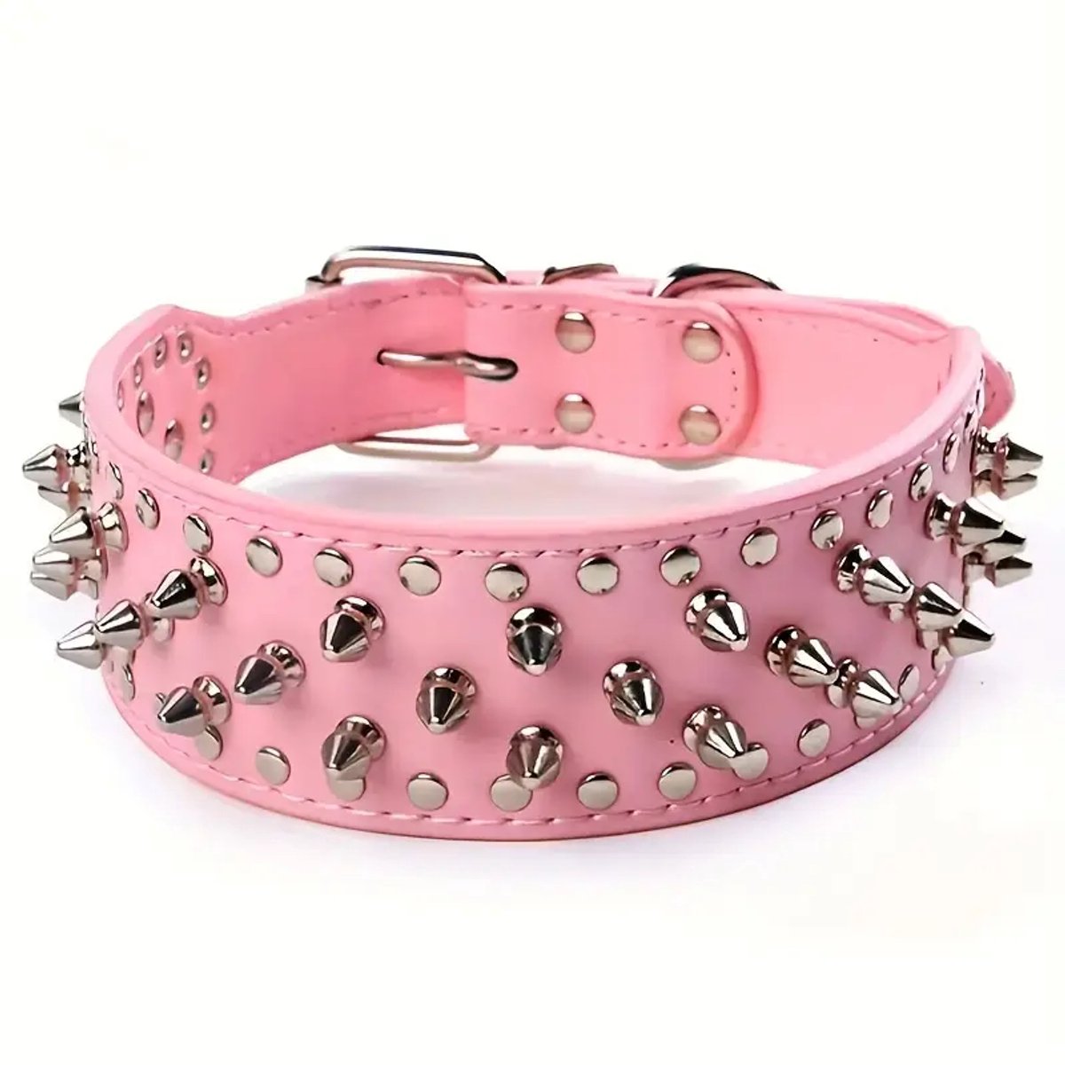 Leren Honden Halsband met Spikes - Roze hondenhalsband met Spikes - Maat L - Stevige Robuuste Hondenhalsband - Petshop Seven®