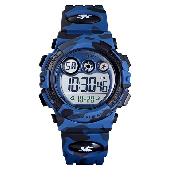 Montre enfant bleu camouflage avec cadran numérique et mention "WATER RESIST".
