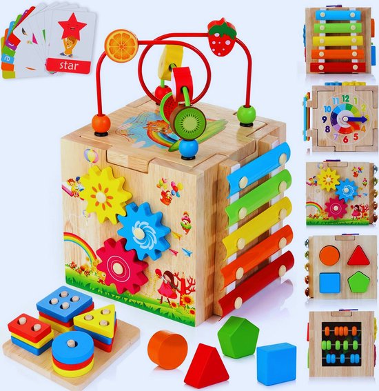 8-In-1 Motoriekkubus Voor Baby's Vanaf 18 Maanden – Activiteitenkubus Met Stapel- En Sorteerbord - Engelse Woordkaarten En Montessori Speelgoed – Perfect Cadeau Voor Kinderen