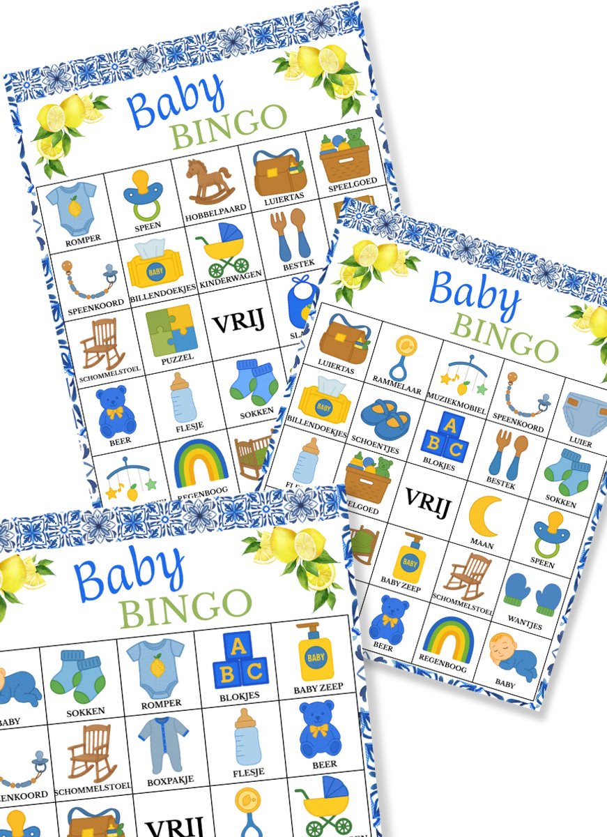 Babyshower Invulkaarten - 20 stuks - Babyshower Citroen - Blauw - Spelletjes - Babyshower Bingo - Babyshower Jongen - Mediterraan Baby shower