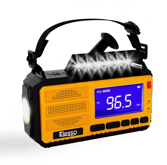 Elesso® Noodradio – 10.000 mAh – 2025 verbeterde versie – Solar Opwindbaar – Solar Powerbank Zonneenergie – Draagbare Radio op batterijen – Zaklamp led oplaadbaar – Survival Noodpakket – Oranje