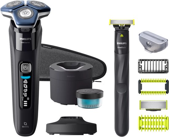 Philips Series 7000 S7886/78 – Elektrisch Scheerapparaat voor Mannen – Nat & Droog – 360° Flexibel Scheerhoofd – SkinIQ – Draadloos – Zelfslijpende Messen – Precisietrimmer + OneBlade Trimmer Apparaat – Reinigingsstation – Spoelbaar