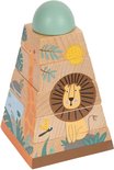 Houten stapeltoren met jungle dieren zoals een leeuw en een giraf, bekroond met een mintgroene halve bol.