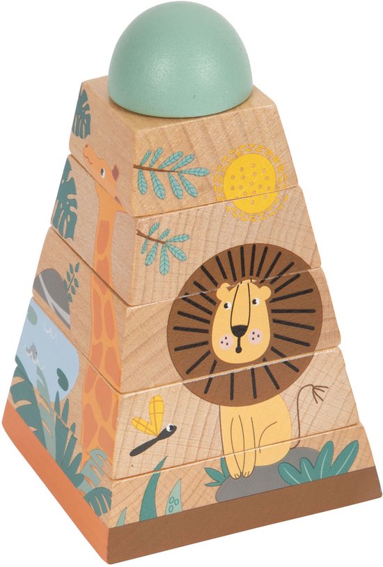 Houten stapeltoren met jungle dieren zoals een leeuw en een giraf, bekroond met een mintgroene halve bol.