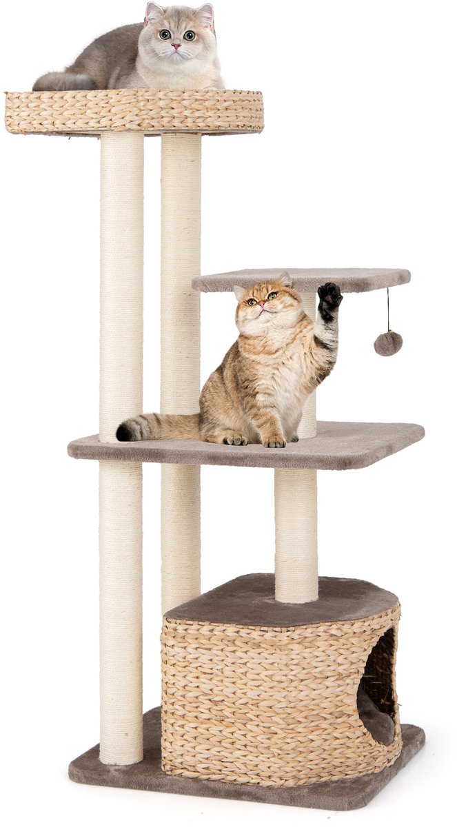 COSTWAY Krabpaal met kattenmand, 131 cm hoog, kattenboom met platforms, bal & zitstang en kussens, klimboom van buiszuiger en sisal, kattenkrabpaal voor katten, klein, koffie en natuur