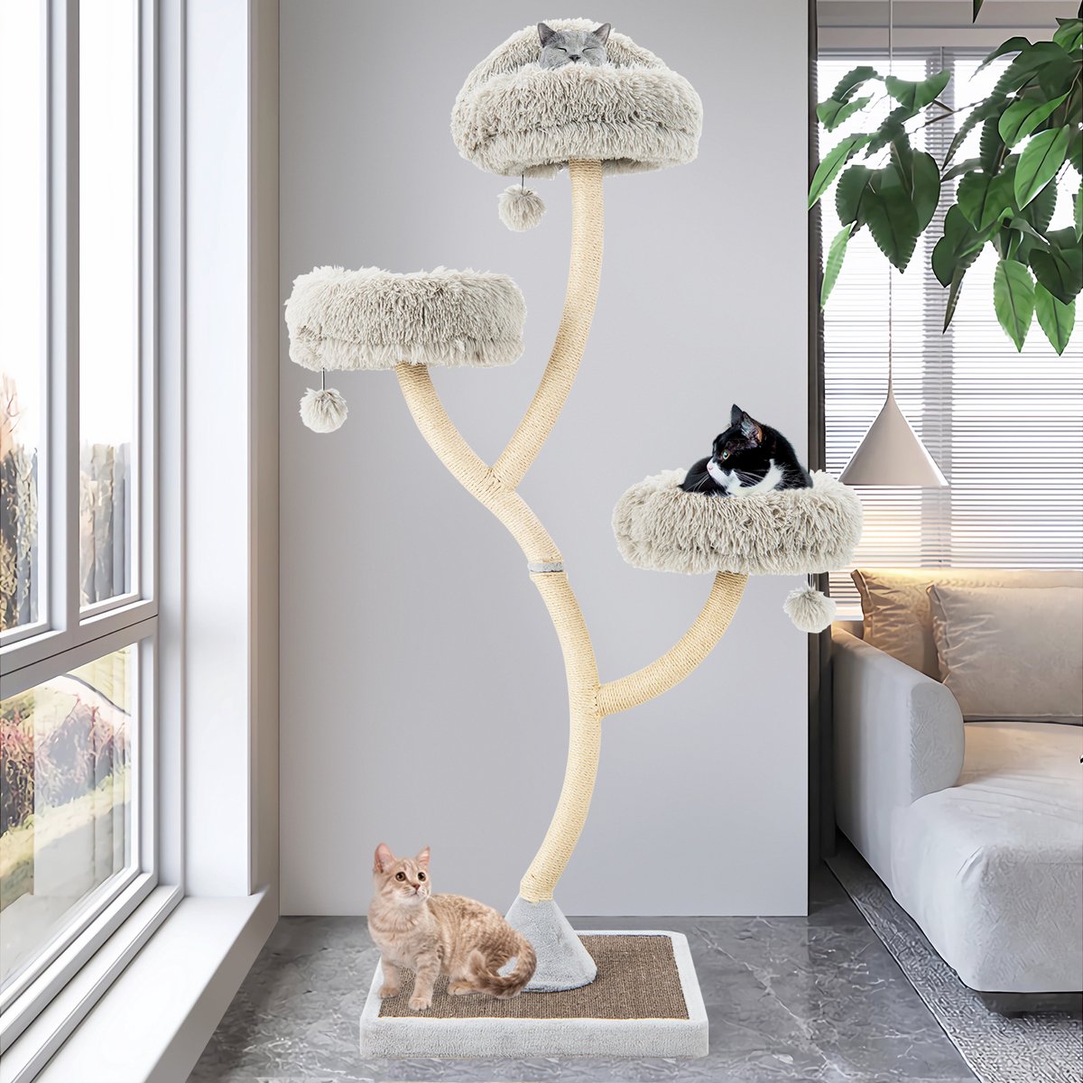 COSTWAY Krabpaal, 178 cm, van hout, kattenboom met 3 warme ligvlakken, pluche ballen en sisalstammen, klimboom, kattenkrabpaal groot, kattentoren met metalen frame, kattenmeubel katten – foto 7