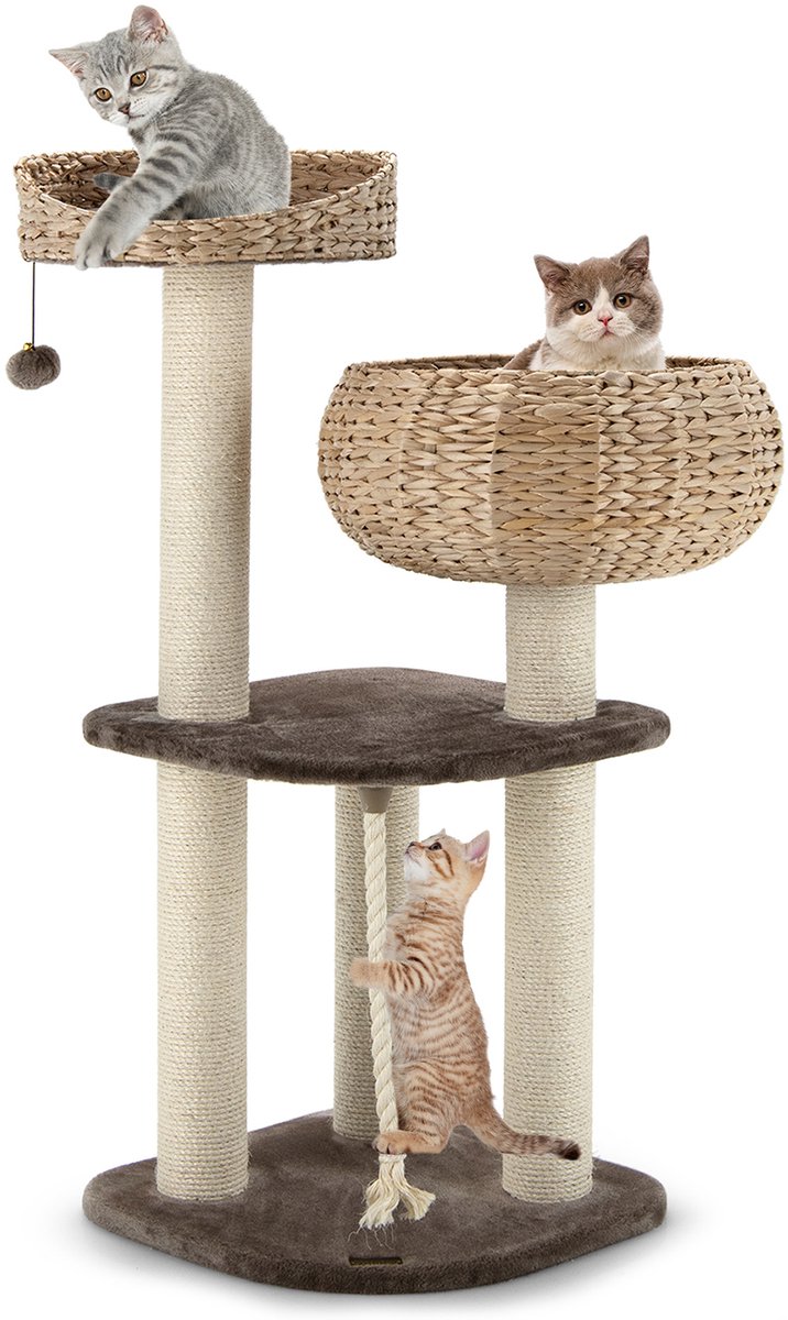 COSTWAY 104 cm kattenboom met bedden, kattenkrabpaal van hout, kattenkrabpaal, activiteitsboom, kattenmeubel, klimboom, kattenhuis