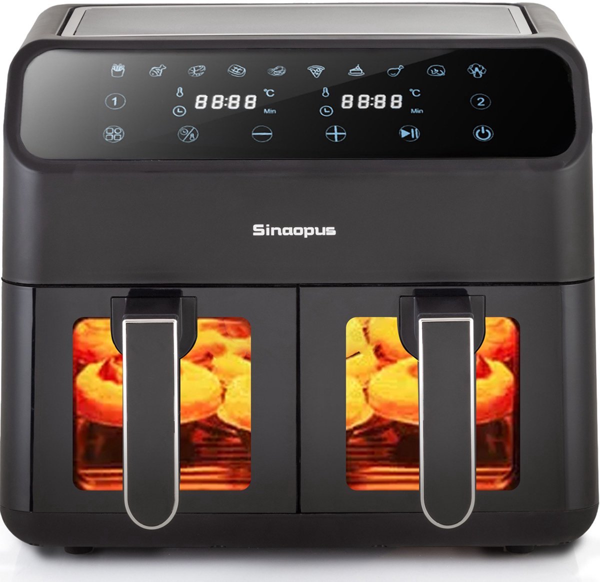 Digitale Airfryer XXL 11L Sinaopus 901 – Heteluchtfriteuse met Dubbele Mand en DualMand Onafhankelijke Snelle Opwarming – Voor Gezinnen – 10 Programma’s – Kijkvenster – Makkelijk te Reinigen – Capaciteit voor 5 Personen