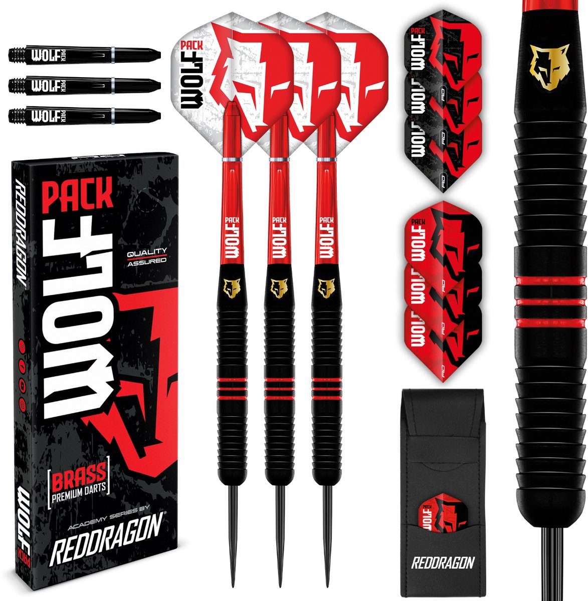 Red Dragon - 20g Wolf Pack Steeptip Brass Darts Set - Includes Flights, Shafts & Stems