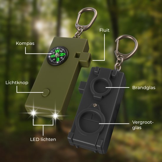 Olijfgroene en zwarte multifunctionele sleutelhangers met kompas, lichtknop en LED-lichten; vergrootglas en brandglas aan de andere kant.