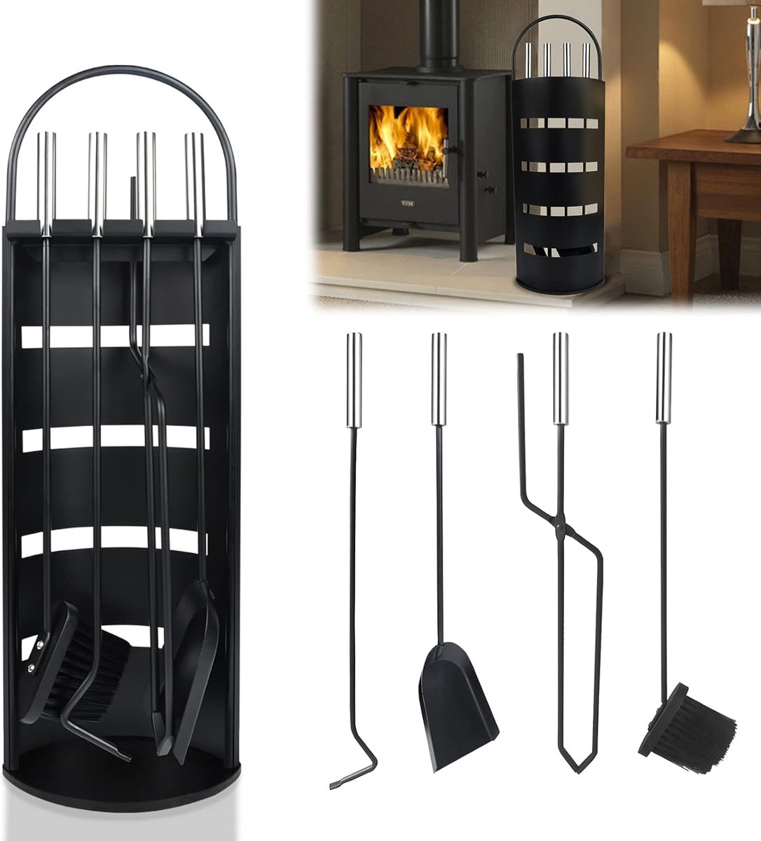 Aufun 5-delige haardaccessoireset, haardgereedschapset van roestvrij staal, haardset met standaard, bezem, tang, pook, asschep voor houtkachel, zwart