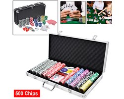 Pokerkoffer pokerset 500 chips pokerchips met 3 dealerknoppen, 5 dobbelstenen, 2 sleutels, 2 pokerde