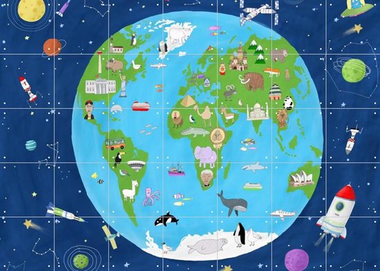 IXXI Carte illustrée du monde vue de l'espace, Carla Daly - 140 x 100 cm - Support d'accrochage gratuit - Grande décoration murale et posters - Illustrations, graphisme