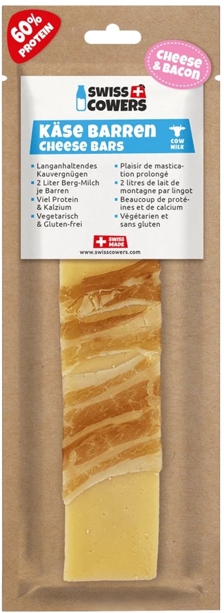 SwissCowers® Kaasstaaf - Kauwstaaf Hond - Kaas Snack - Hypoallergeen - Lactosevrij - Glutenvrij - YAK 2.0 - Met Probiotica - Kaas & Bacon - Maat L