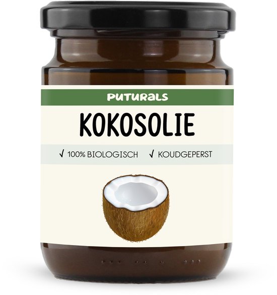 Puturals kokosolie in een bruin glazen pot. Het label toont een halve kokosnoot met de tekst '100% BIOLOGISCH KOUDGPERST'.