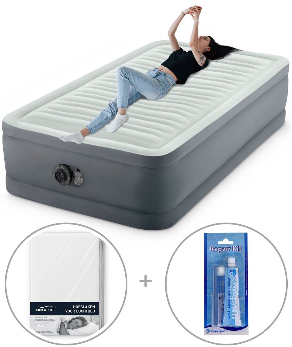 Intex PremAire I luchtbed | Eenpersoons | 191 x 99 x 46 cm | Inclusief bijpassend hoeslaken + reparatiekit