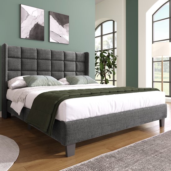 Lit capitonné Lit double 140x200cm - Tête de lit capitonnée, lin, gris, sommier à lattes (sans matelas)