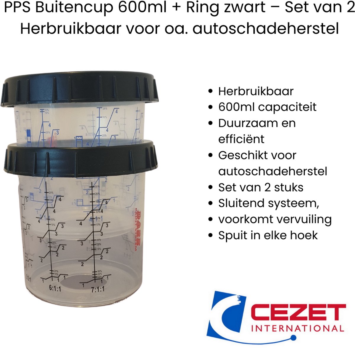 Verfbeker PPS Buitencup 600ml met Zwarte Ring – Duurzaam – Set van 2 – Vergelijkbaar met 3M – Autoschadeherstel