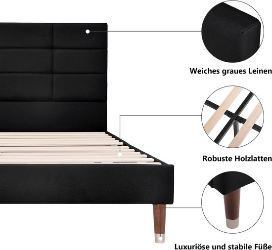 Lit double 140x200cm - Tête de lit capitonnée, lin, gris foncé (sans matelas)