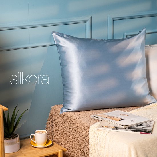 Taie d' Silk Silkora Premium - Kussensloop d'oreiller 100 % soie de mûrier 22 mommes - Ultra douce, fermeture éclair dissimulée - 60 x 70 cm - Blue glacier