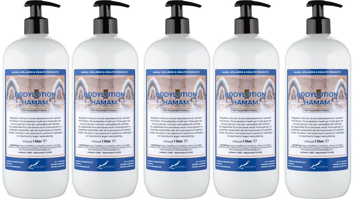 Bodylotion Hamam 1 Liter - met gratis pomp - set van 5 stuks - Voordeelverpakking