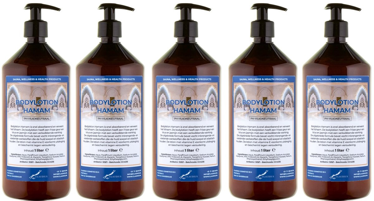 Bodylotion Hamam 1 Liter - met gratis pomp - set van 5 stuks - Voordeelverpakking