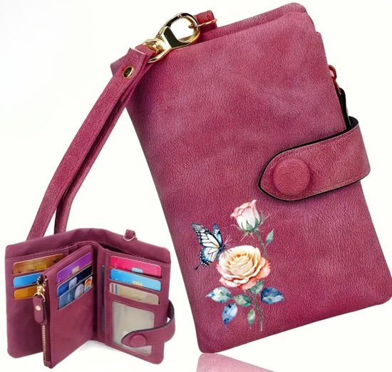 Luxamore Damesportemonnee – Elegante Bordeauxrode Portemonnee met Gegraveerde Vlinder en Rozen – Luxe Portemonnee Cadeau voor Vrouwen