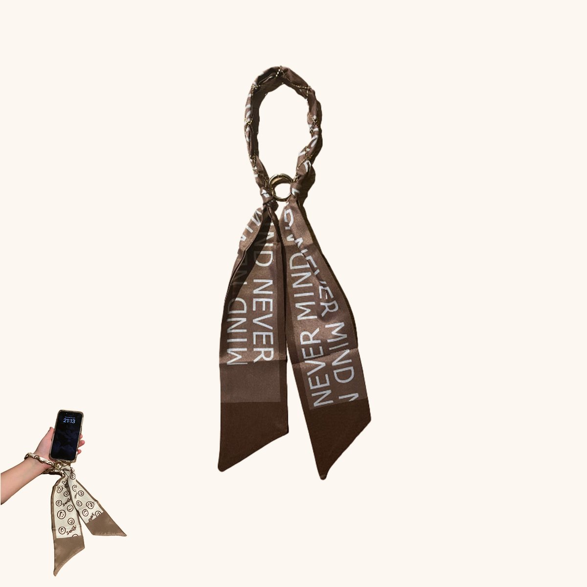 Nia Jewels telefoonkoord pols sjaal ketting bruin never mind