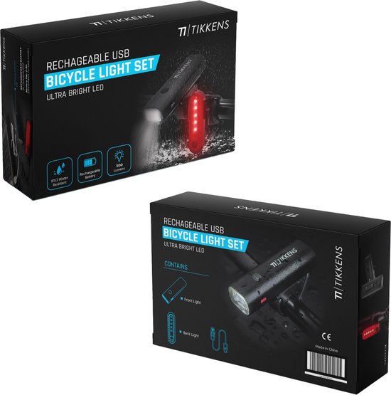 Emballages de jeux de lumières de vélo Tikkens, montrant le feu avant noir et le feu arrière rouge.