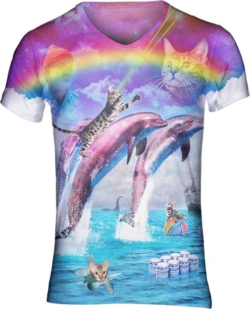 Dolfijn Kattenshirt Festivalshirt - Maat: M - V-hals - Feestkleding - Festival Outfit - Fout Feest - T-shirt voor festivals - Rave party kleding - Rave outfit - Dolfijn shirt
