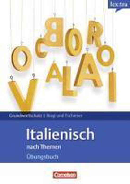 Houten letters die de woorden 'VORALLES' en 'ITALIANO' vormen. Onder de letters staat de titel 'Italienisch nach Themen Übungsbuch'.