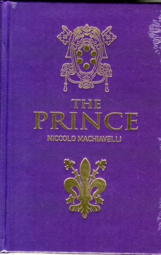 Couverture rigide violette de 'The Prince' de Niccolo Machiavelli avec dorures : un blason en haut et une fleur de lys en bas.