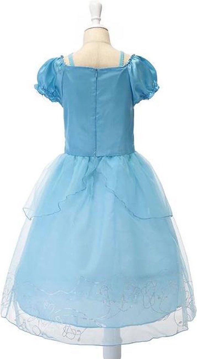Assepoester jurk Prinsessen jurk verkleedjurk (140) blauw met broche kinderen + blauwe kroon — afbeelding 3