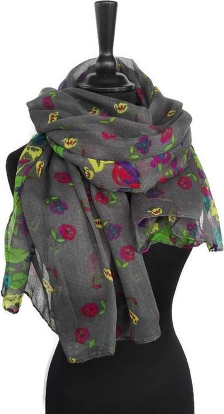 Dames sjaal - grijs - geel - groen - rood - turkoois - bloemen - polyester - 110 x 155 cm