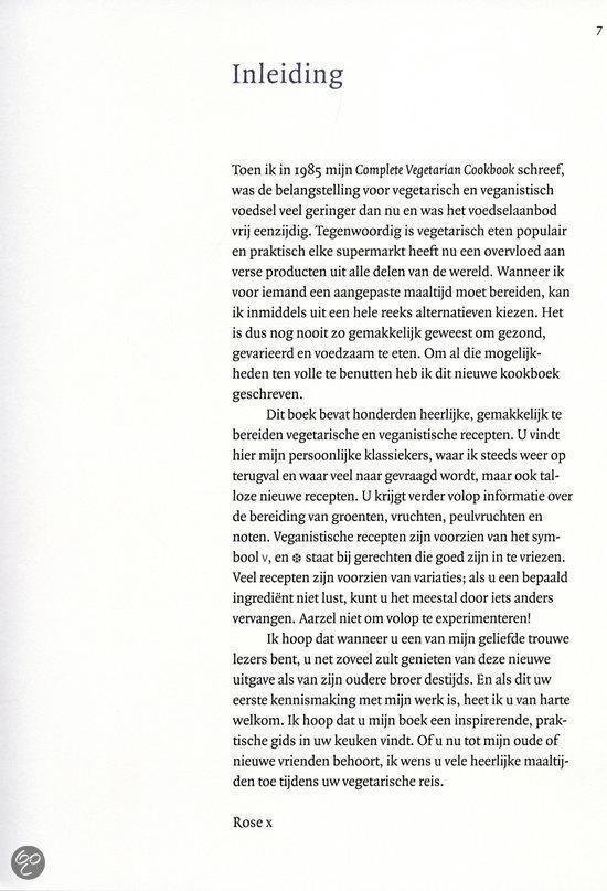 De inleiding van 'De complete vegetarische keuken' van Rose, met een tekst over de evolutie van vegetarisch eten en de inhoud van het boek.