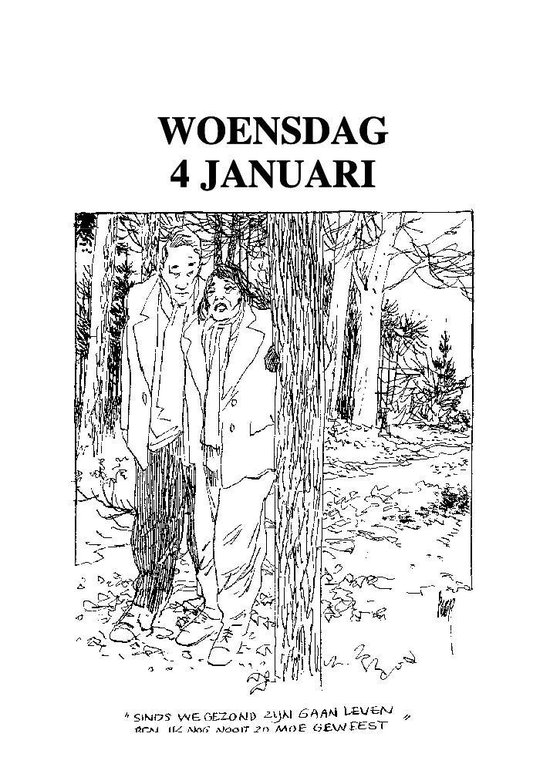 Twee mannen lopen in een bos, met tekst "Sinds we gezond zijn gaan leven, ben ik nog nooit zo moe geweest"
