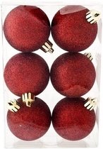 6x Donkerrode kunststof kerstballen 6 cm - Glitter - Onbreekbare plastic kerstballen - Kerstboomversiering donkerrood
