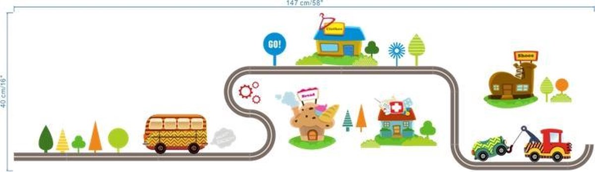 Muursticker met auto's op de weg en decoratie (variant B) - Muursticker auto's op snelweg - Muursticker snelweg met auto's - Muursticker speelkamer - Muursticker auto fan - Muursticker kinderkamer - Afmeting L30 x B90 cm