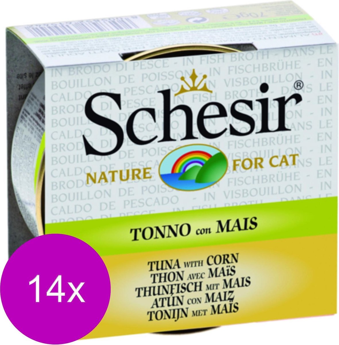 Schesir Natvoer in boullion - Tonijn met mais - 14 stuks à 70 gram