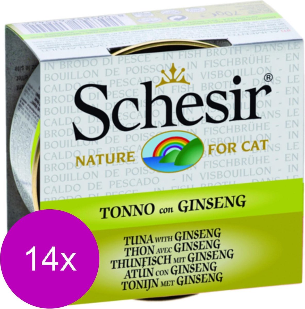 Schesir Natvoer in boullion - Tonijn met ginseng - 14 stuks à 70 gram