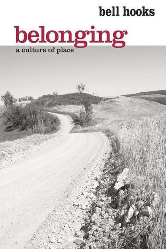 Boek 'belonging a culture of place' door bell hooks, met een landschapsfoto van een kronkelende landweg.