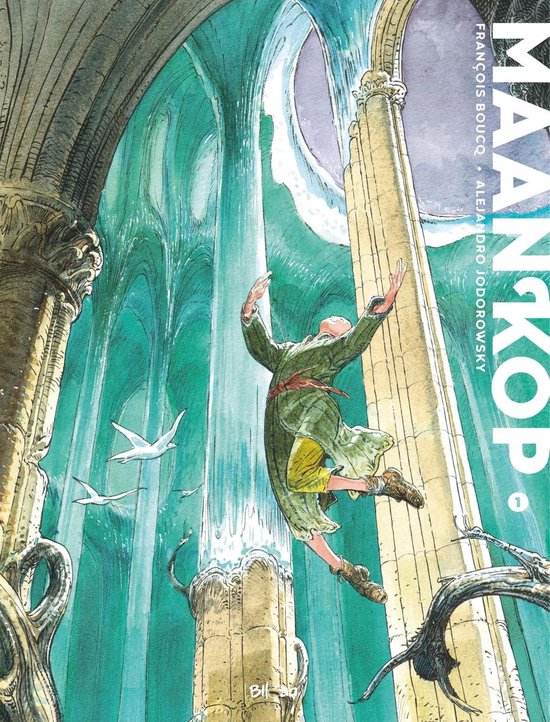 Een man in een groen gewaad springt omhoog in een gotische kathedraal. Water stroomt uit het plafond. Titel: Maankop.