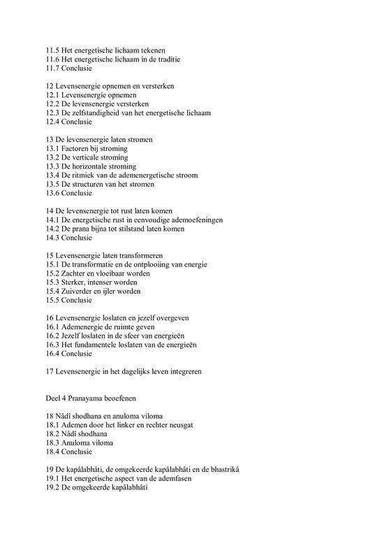 Inhoudsopgave van het boek met secties over levensenergie, adem en pranayama oefeningen.