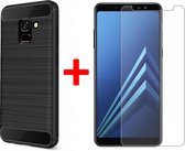 Geborsteld Hoesje voor Samsung Galaxy A8 (2018) Soft TPU Gel Siliconen Case Zwart + Tempered Glass Screenprotector Transparant