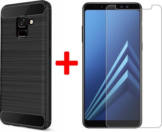 Geborsteld Hoesje voor Samsung Galaxy A8 (2018) Soft TPU Gel Siliconen Case Zwart + Tempered Glass Screenprotector Transparant