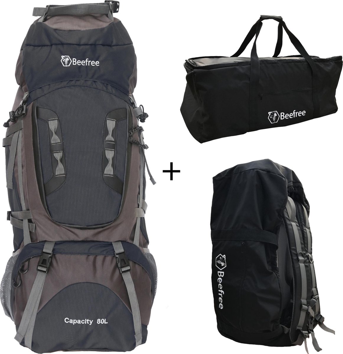 Beefree 80 Liter nylon Backpack Zwart Inclusief flightbag/regenhoes
