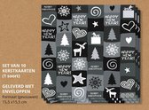 Kerstkaarten met enveloppen, Grappige illustraties in zwart/wit - 10 stuks