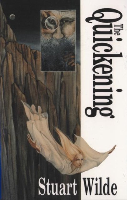 Boekomslag met de titel 'The Quickening' en een illustratie van een vrouw die valt, met op de achtergrond een berglandschap en een portret van een man met een vergrootglas.
