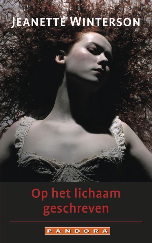 Couverture du livre de Jeanette Winterson, 'Op het lichaam geschreven'. Gros plan d'une femme aux cheveux ébouriffés, regardant vers le bas.