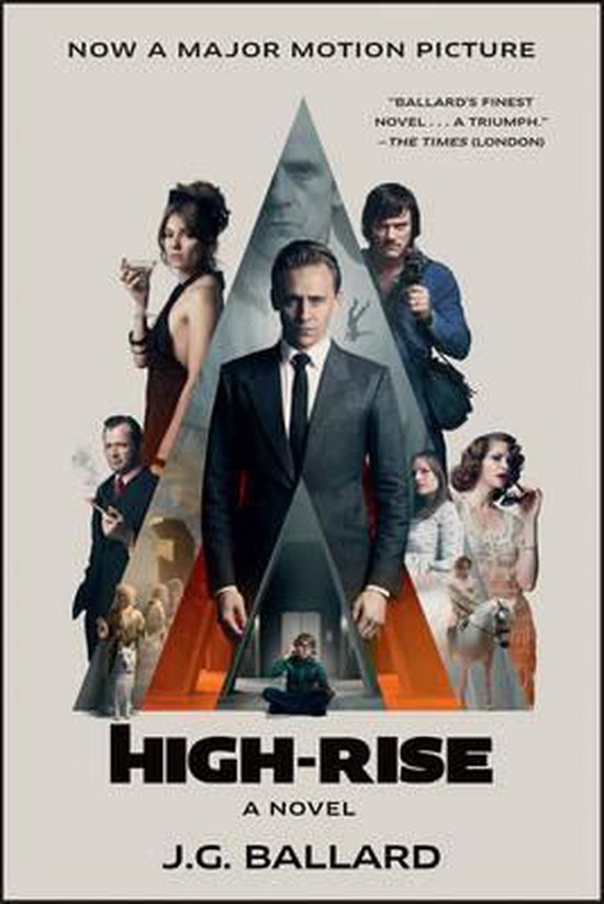 Boekomslag 'High-Rise' met Tom Hiddleston in pak, omringd door andere personages.